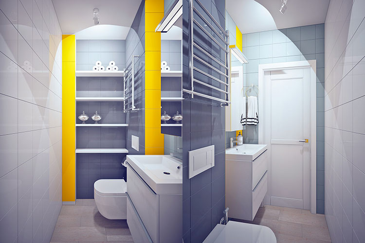 Bold yellow and grey bathroom