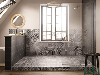 Mosaic monochromatic shower floor