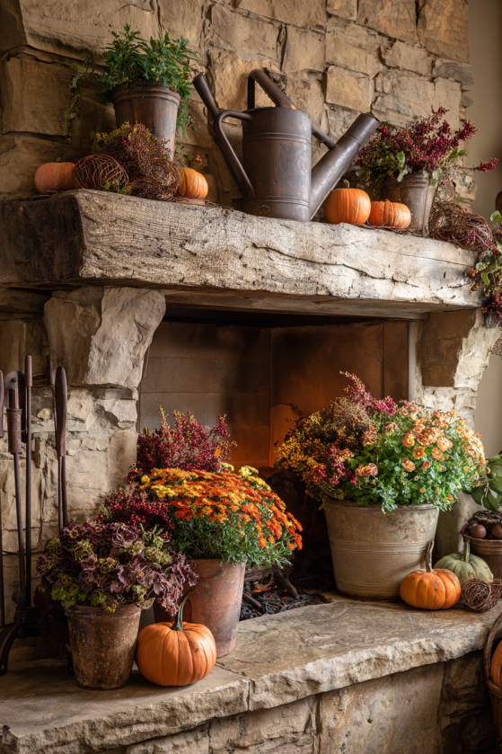 English Cottage Garden Fall Mantel Decorating Ideas