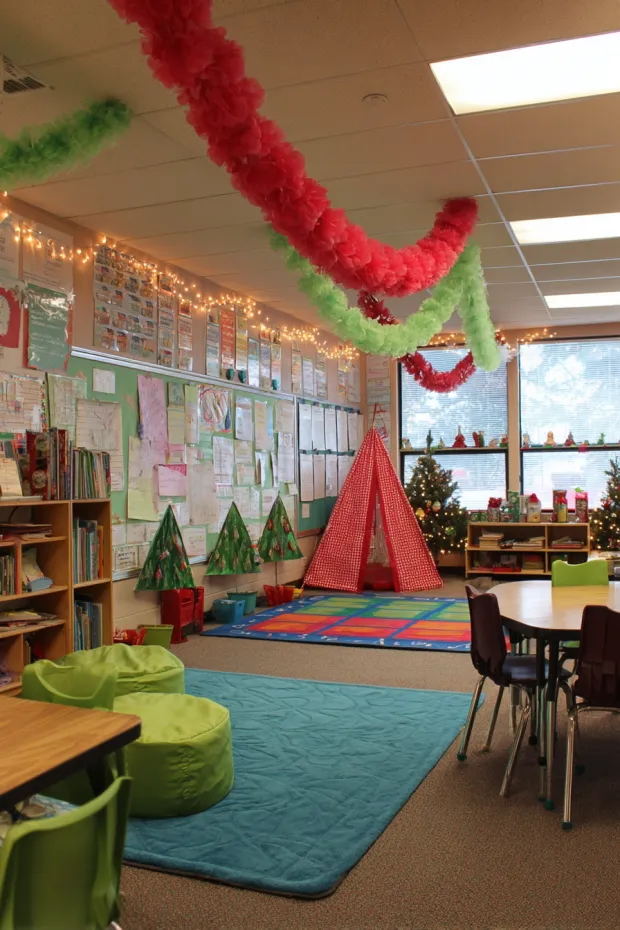 Elementary Classroom with Student-Made Paper Trees and Chain Garlands