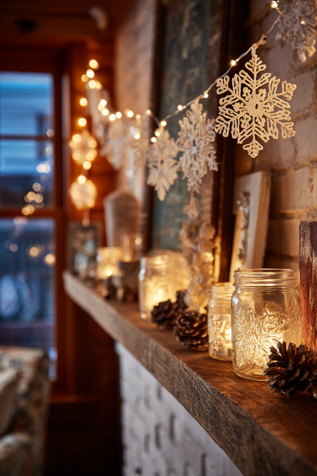 Cozy Living Room Corner with DIY Paper Snowflakes and Pine Cone Garlands