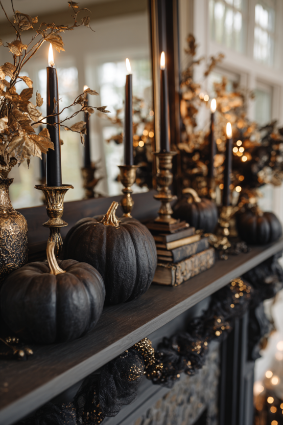 Elegant Black and Gold Halloween Mantel