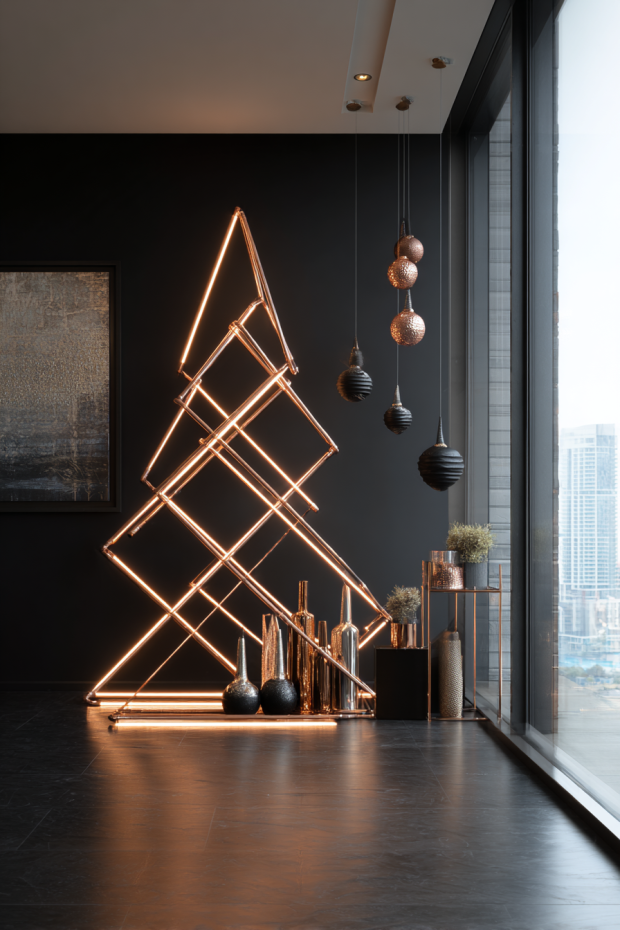 Geometric Copper Pipe LED Tree