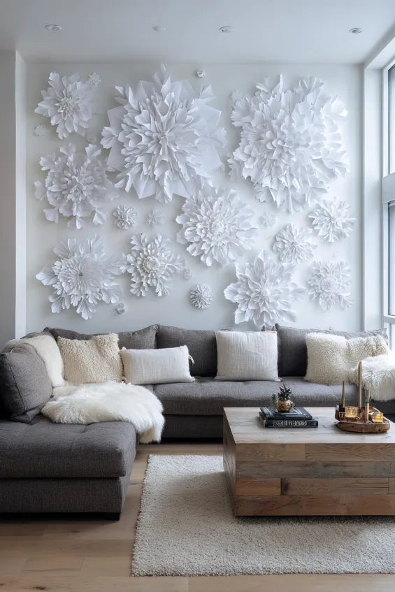 Living Room Accent Wall with Oversized Paper Snowflakes and Removable Adhesive