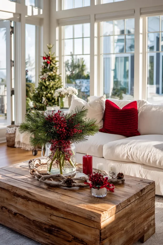 Red and White Living Room Featuring Coastal Christmas Decor