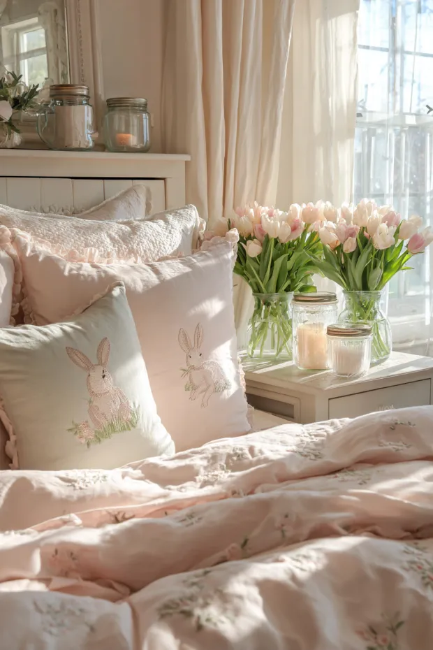 Serene Master Bedroom with Pastel Bedding and Hand-Embroidered Bunny Motifs