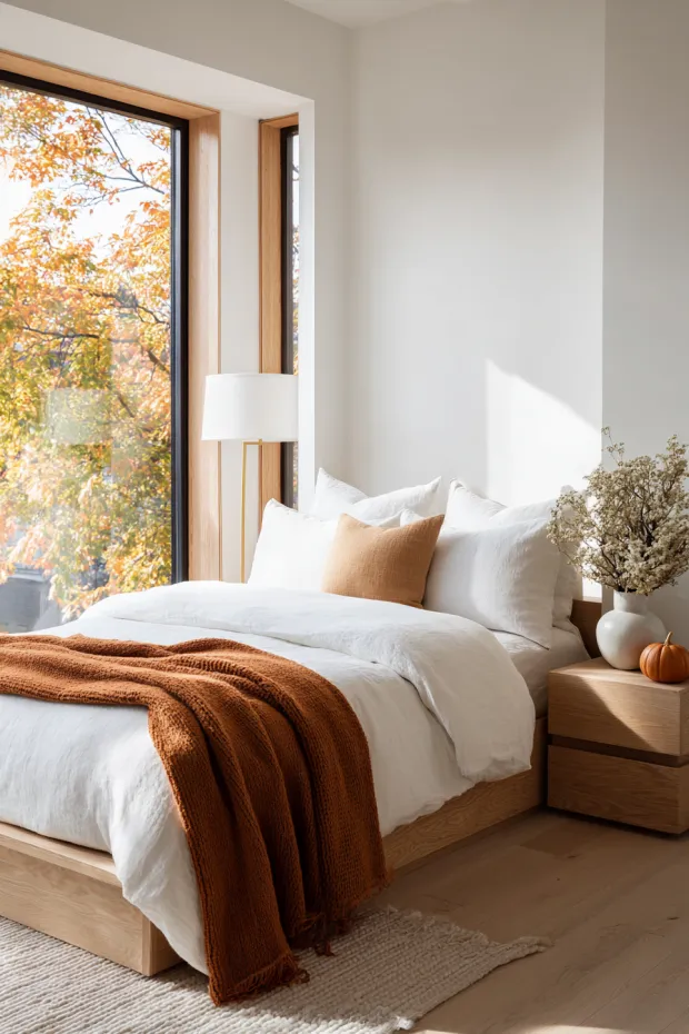 Serene White and Warm Wood Fall Bedroom