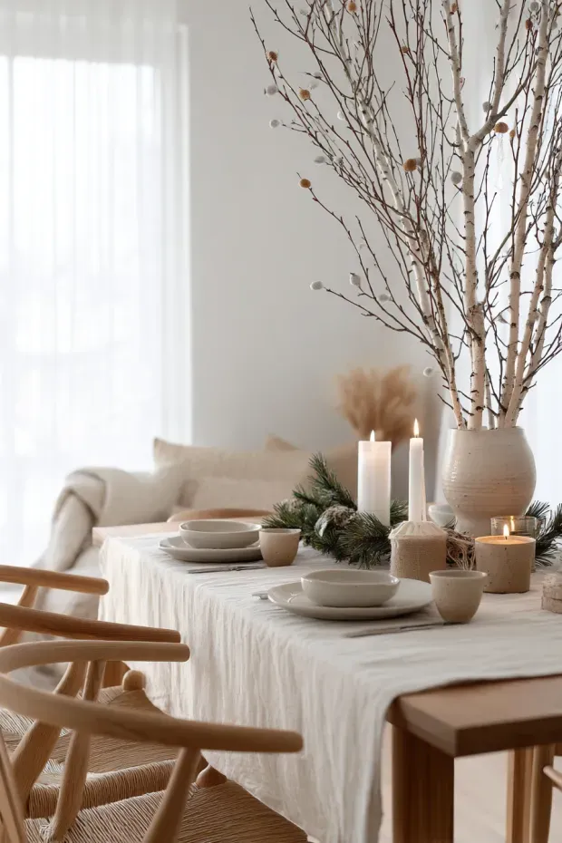 Scandinavian Dining Area with Birch Branches and Minimalist Greenery