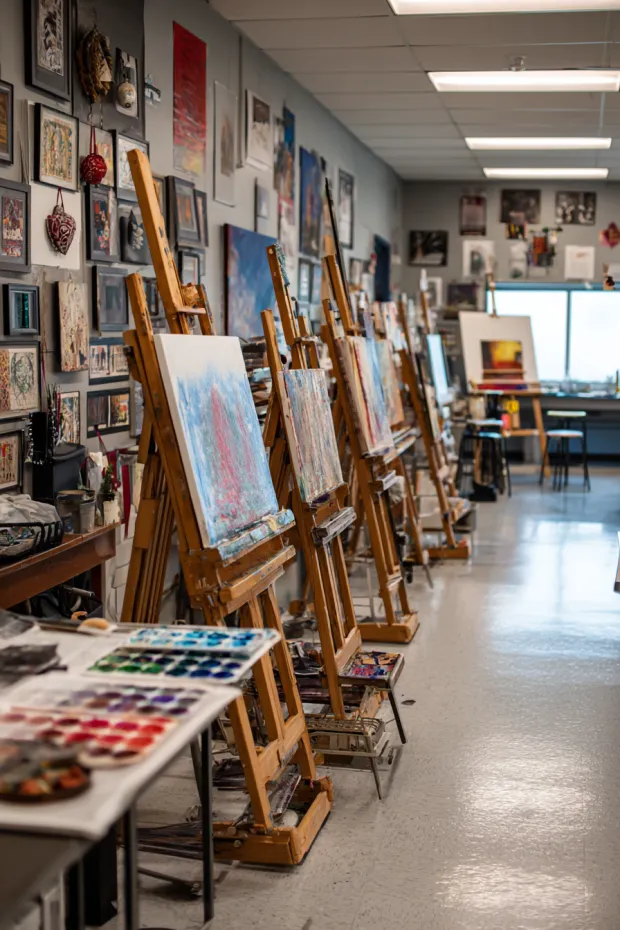 Art Classroom with Student Ornaments and Holiday Color Palettes