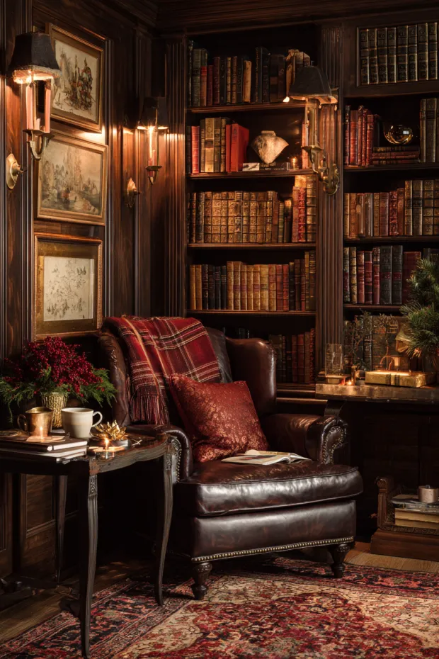 Christmas Library with Antique Books and Vintage Postcards