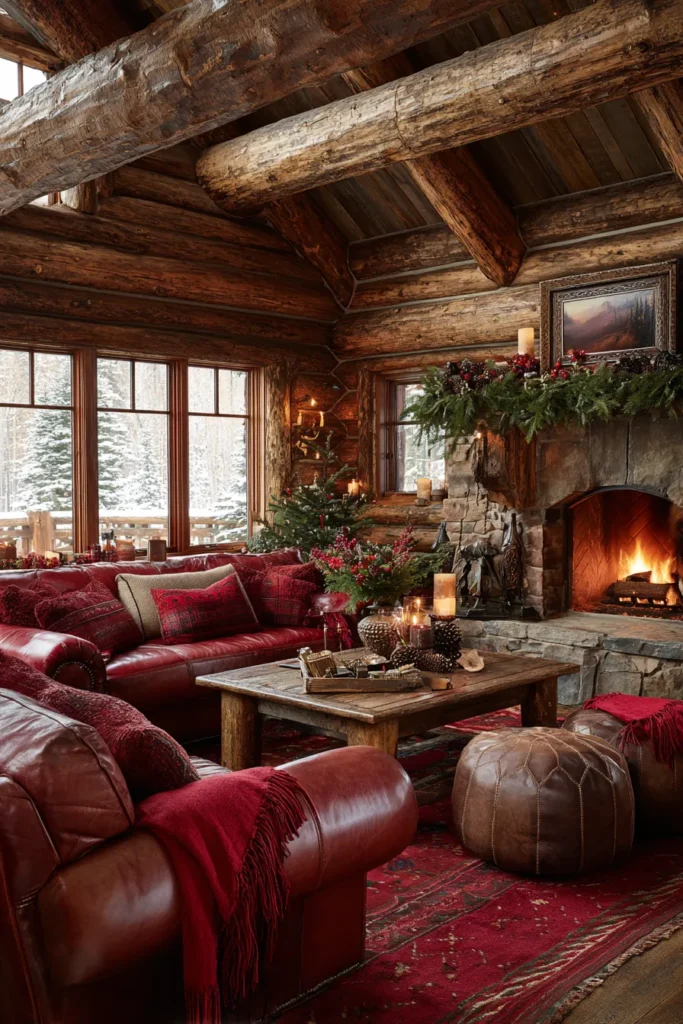 Cabin Lodge Living Room with Rustic Christmas Decor