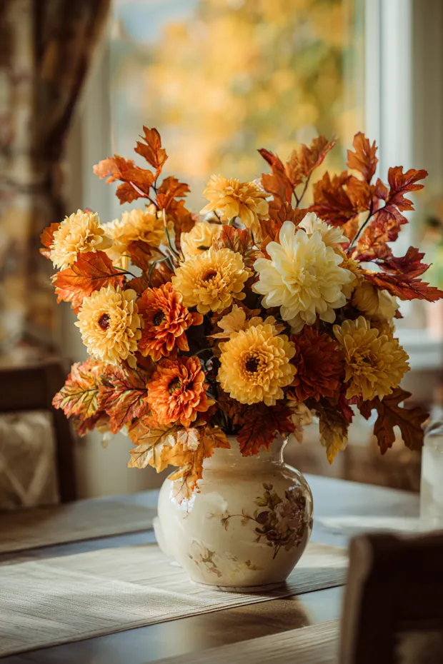 Chrysanthemum and Fall Leaves Bouquet