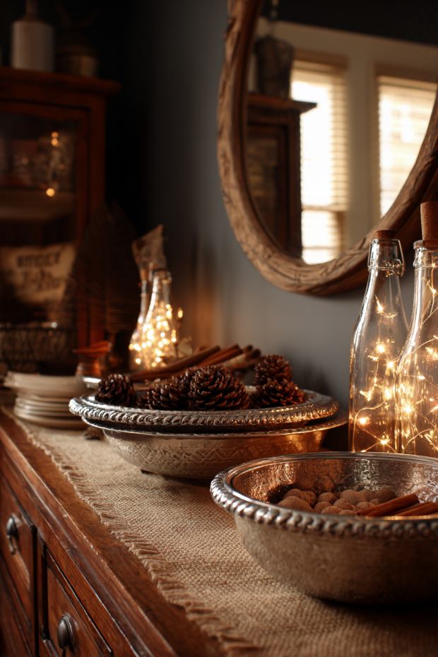 Dining Room Buffet with Thrift Store Silver and Wine Bottle Lights