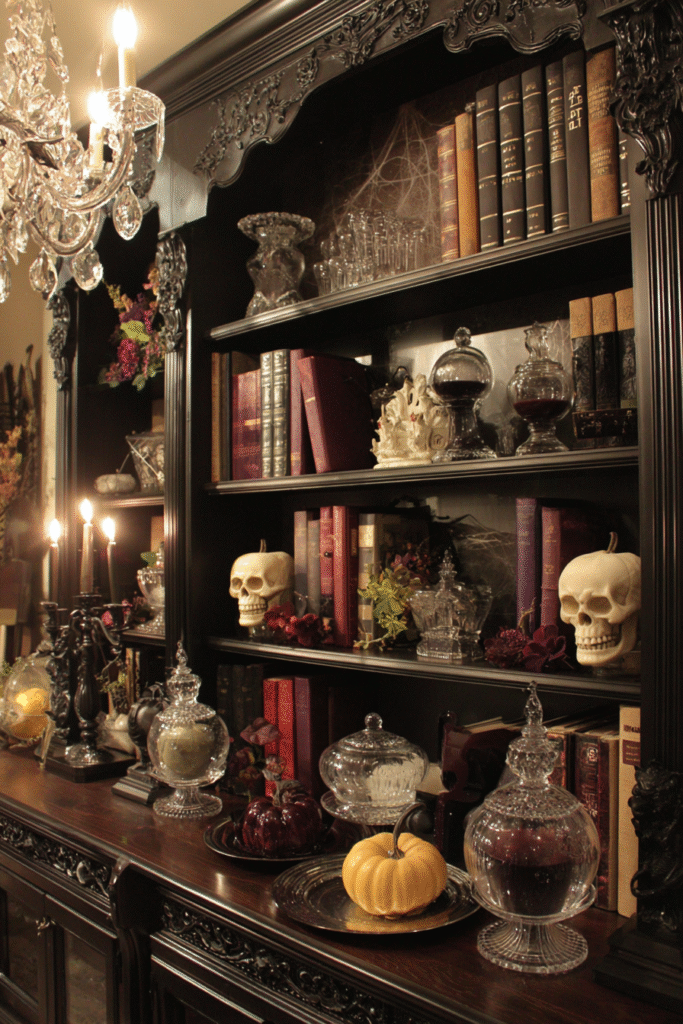 Dining Room Hutch Halloween Spooky Bookcase and Decor Ideas