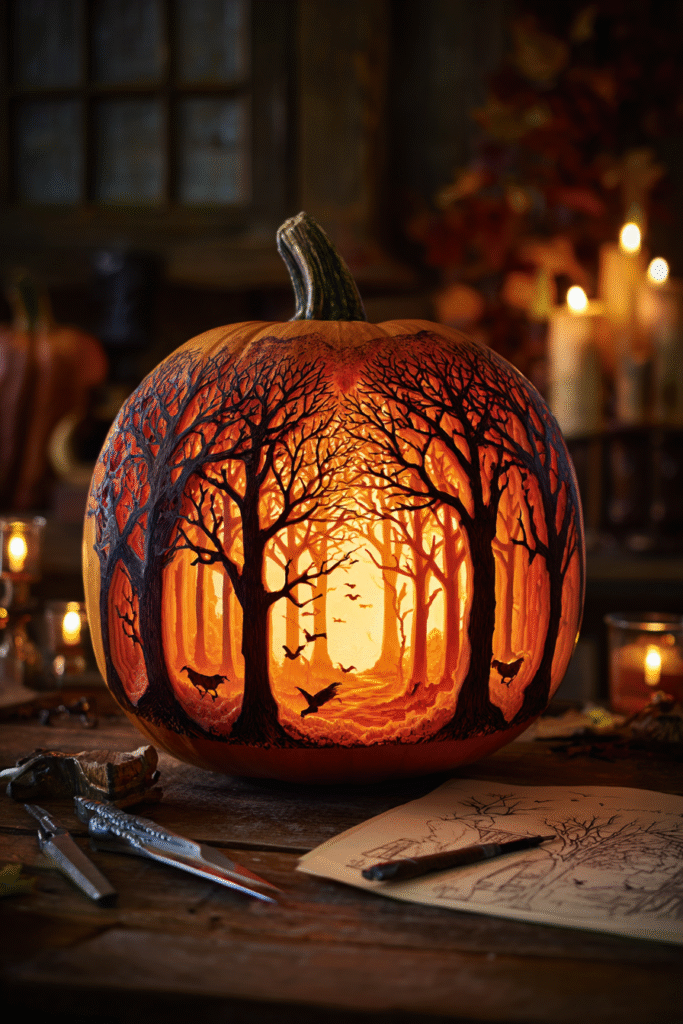 Haunted Forest Scene Pumpkin with Layered Tree Carving
