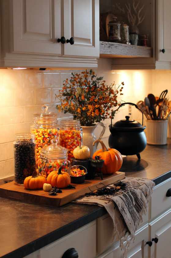 Kitchen Island Halloween Styling with Mini Pumpkin Display