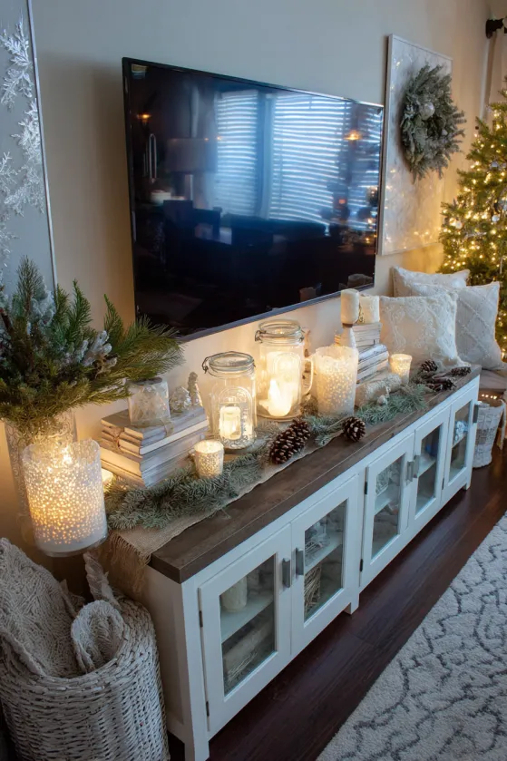 Living Room TV Console Holiday Styling
