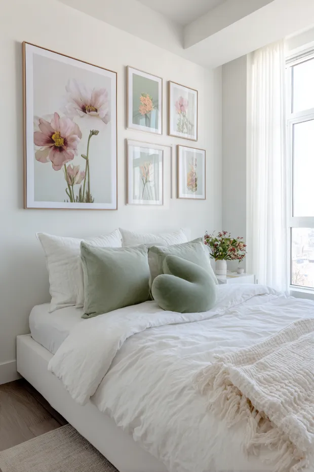 Modern Minimalist Bedroom with Oversized Spring Botanical Prints