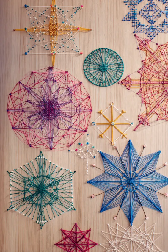 Teen Bedroom Wall with String Art Christmas Designs and Geometric Patterns