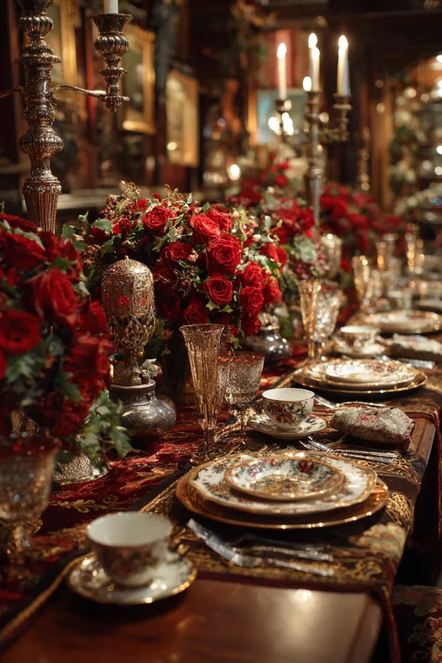 Victorian Holiday Dining Elegance with Roses and Silver Accents