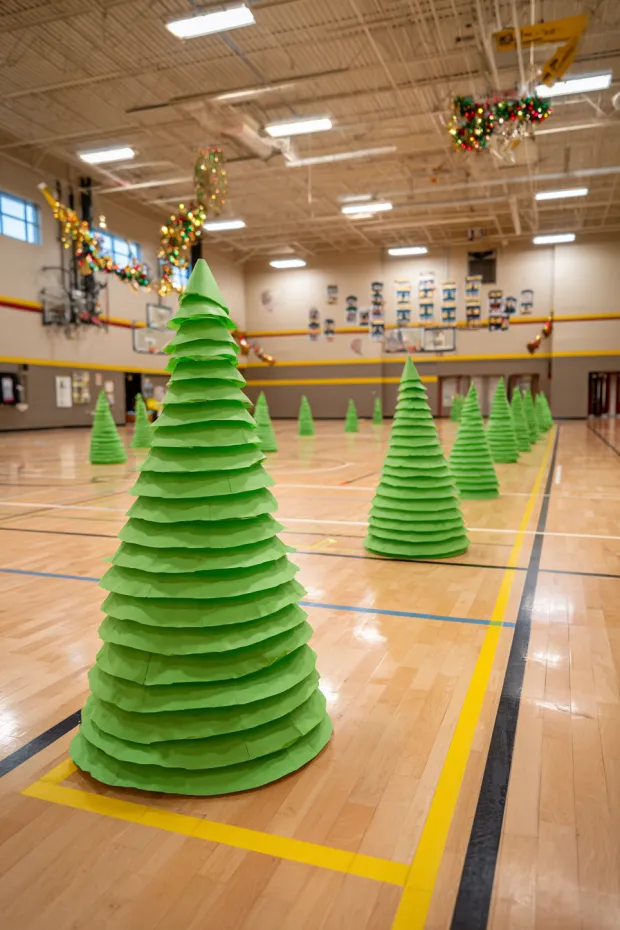 PE Gymnasium with Hula Hoop Christmas Trees and Garland Basketball Hoops