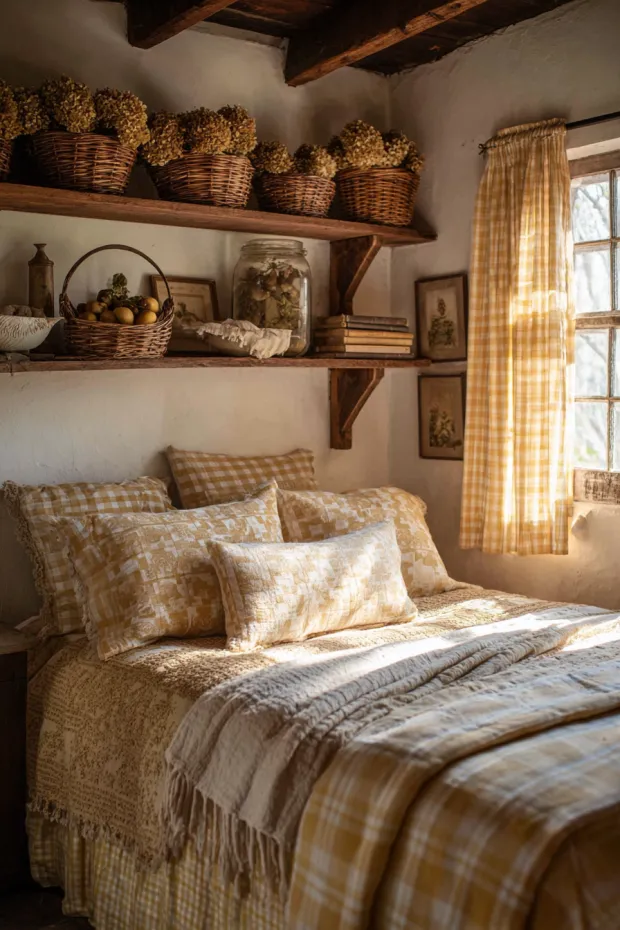 Farmhouse Bedroom with Vintage Easter Baskets and Gingham Curtains