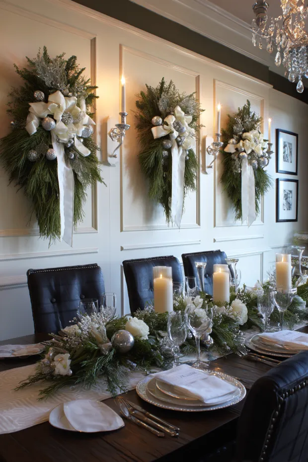 Formal Dining Room Wall with Elegant Evergreen Swags and Silver Ornaments