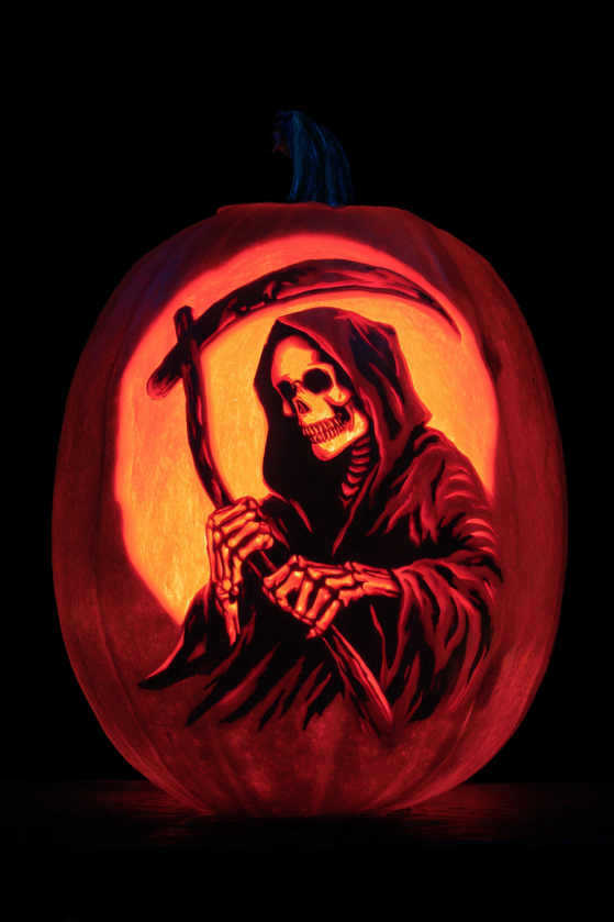 Grim Reaper Pumpkin Design with Hooded Skeletal Figure
