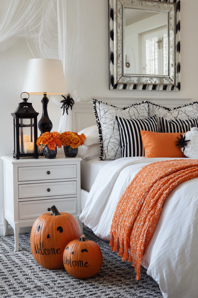 Guest Bedroom Welcome Suite Black White and Orange Halloween Decor Ideas