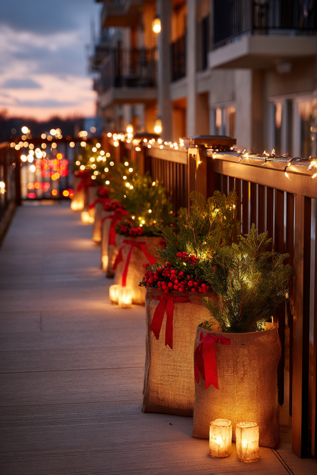 Small Patio with Burlap-Wrapped Plants and Paper Bag Luminaries