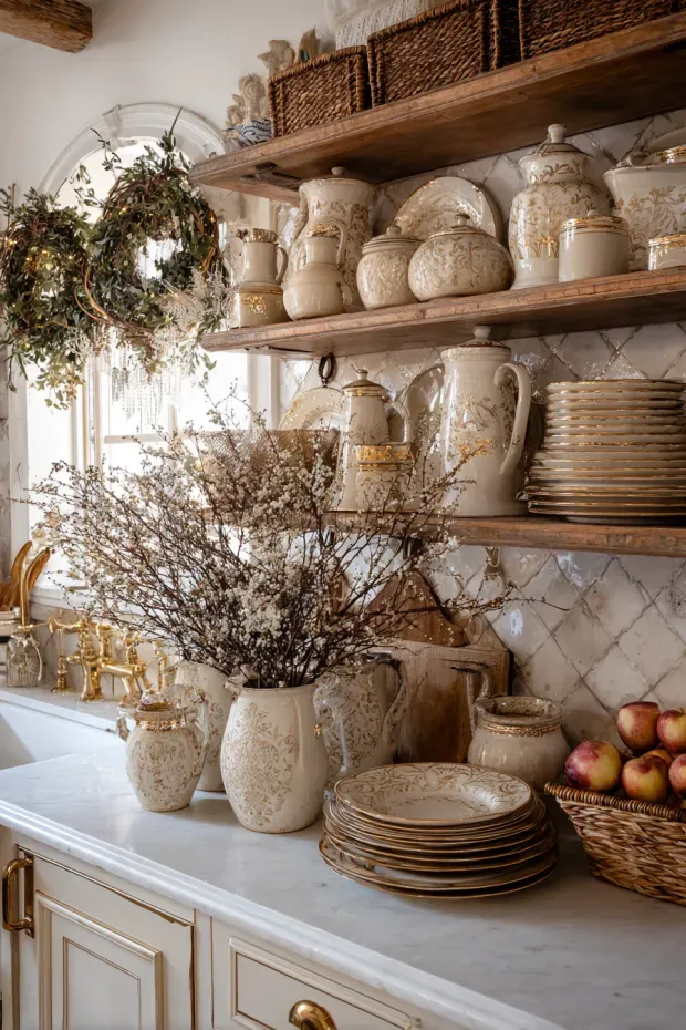 French Country Kitchen Decor with Vintage Crocks and Seasonal Branches