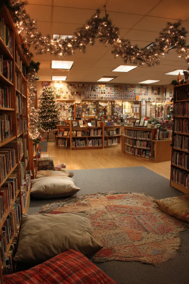 Library Media Center with Christmas Book Displays and Reading Alcoves