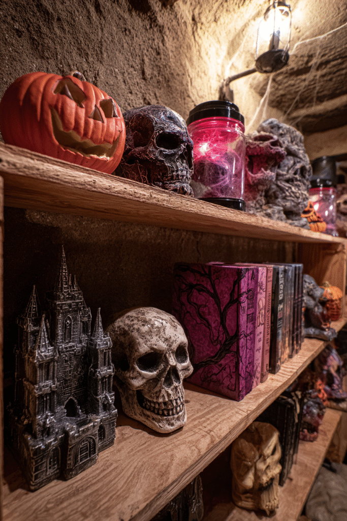 Basement Recreation Room Halloween Spooky Bookcase and Decor Ideas
