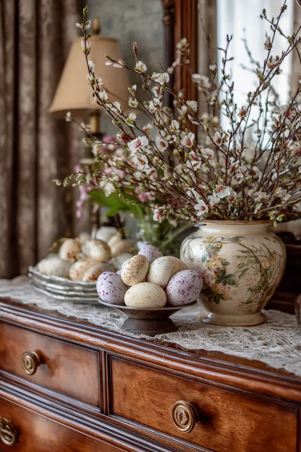 Guest Room with Easter Tablescape and Hand-Painted Ceramic Eggs