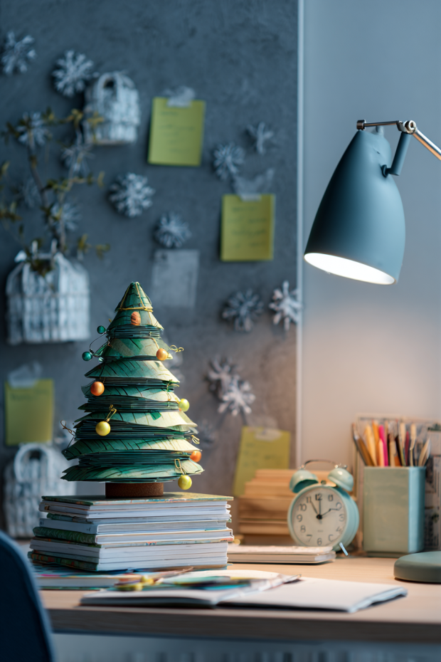 Home Office Desk with Book Christmas Tree and Paperclip Garlands