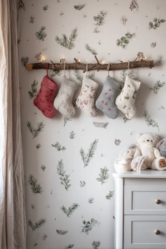 Nursery Wall with Soft Fabric Stockings and Watercolor Holiday Illustrations