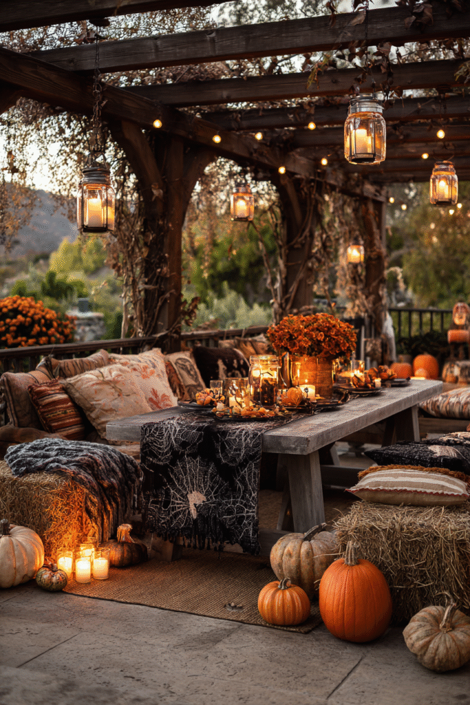 Outdoor Patio Fall Halloween Decor Setup