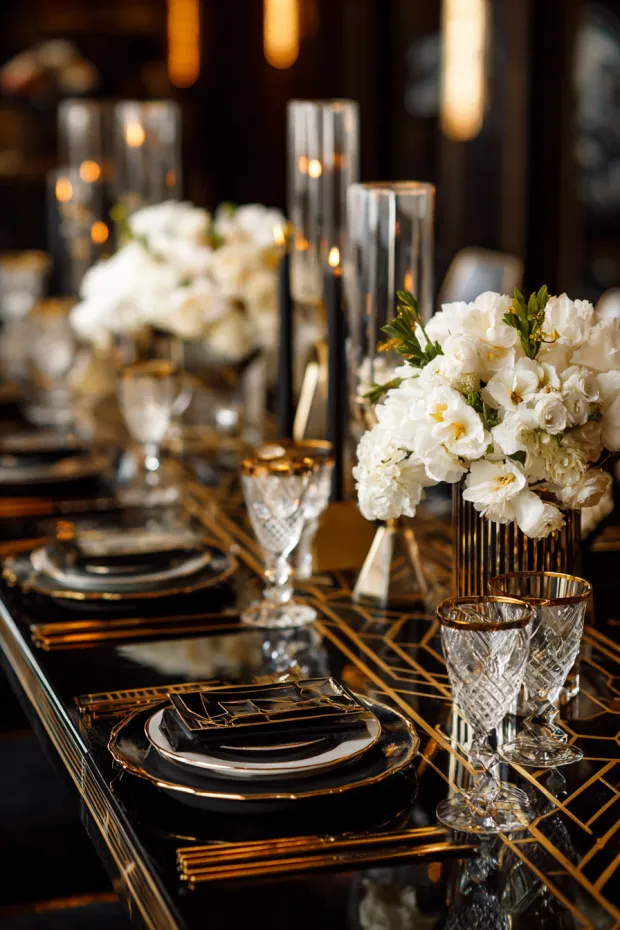 Art Deco Holiday Dining Elegance with Geometric Gold Accents