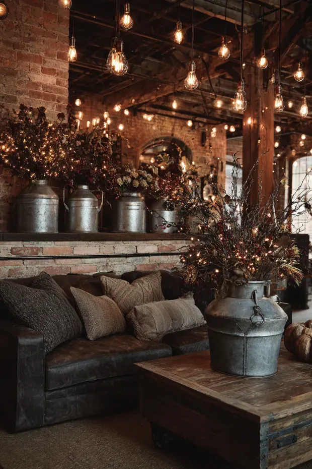Industrial Loft Styling with Brick Walls and Warm String Lights