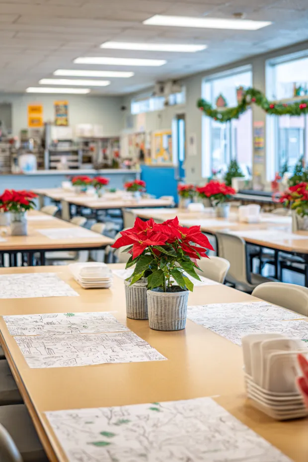 School Cafeteria with Student Placemats and Potted Poinsettias