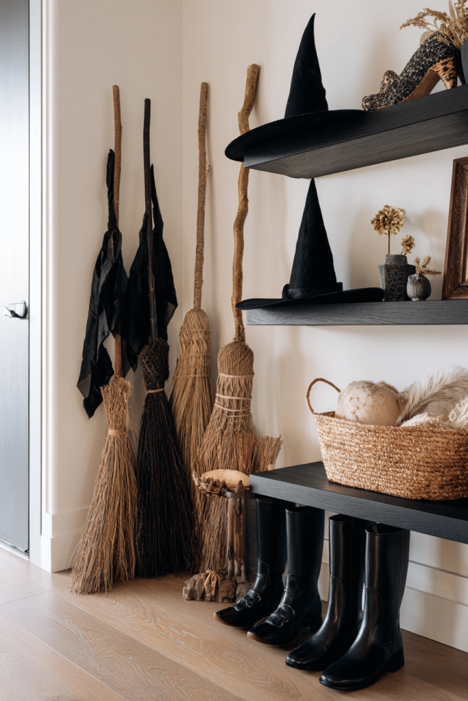 Broomstick Halloween Party Decor Ideas Corner Arrangement