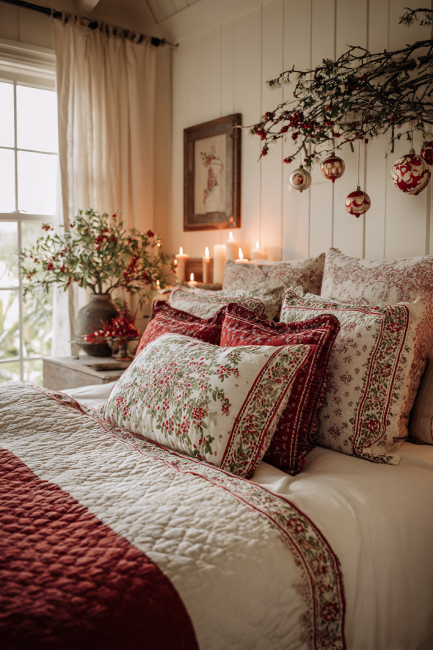 Guest Bedroom with Quilted Pillow Covers and Branch Wall Display