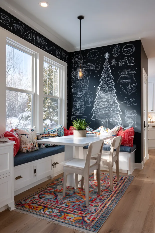 Kitchen Breakfast Nook Wall with Large Chalkboard Christmas Tree Outlines