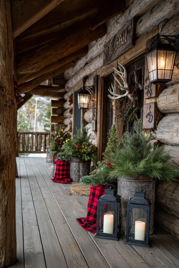 Log Cabin Christmas Porch with Rustic Pine and Antler Accents