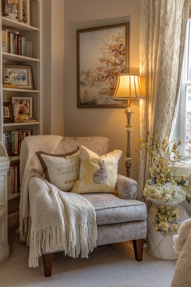 Master Suite Reading Corner with Easter Books and Rabbit Embroidery