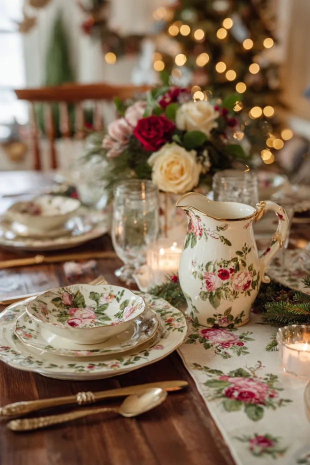 Cottage Christmas Dining Table with Vintage Cozy Floral Charm