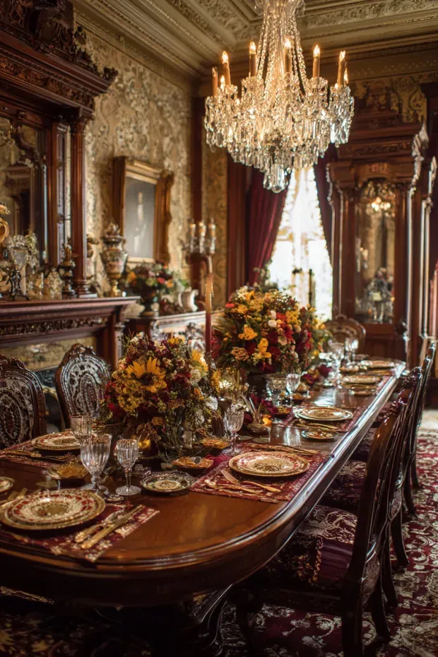 Victorian Dining Room with Ornate Furniture and Blended Seasonal Elegance