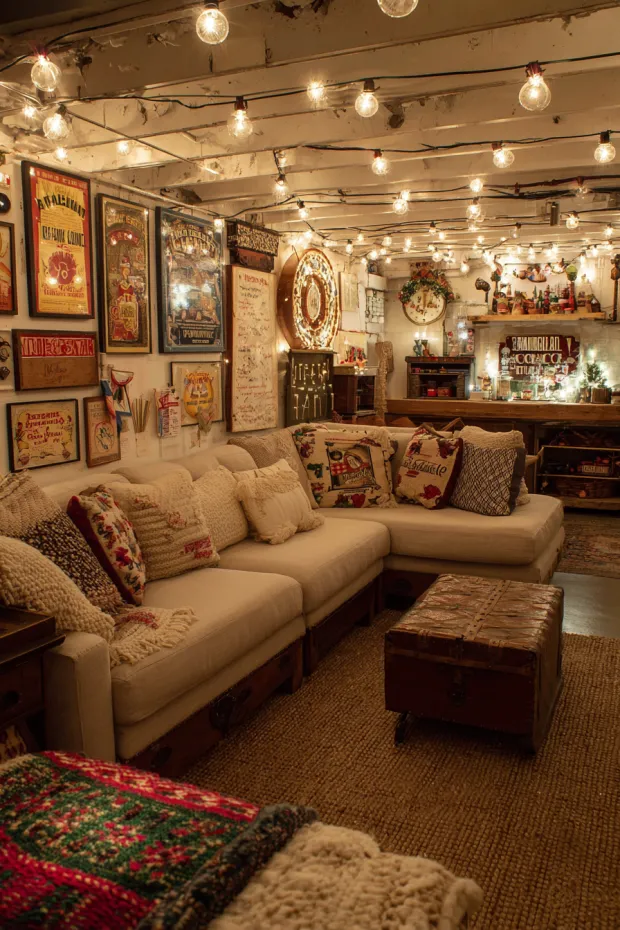 Casual Basement Family Room Christmas with Vintage Games