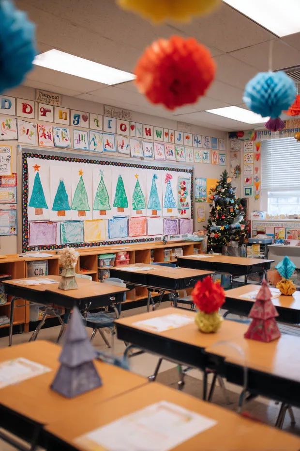 Second Grade Classroom with Handprint Trees and Alphabet Holiday Words