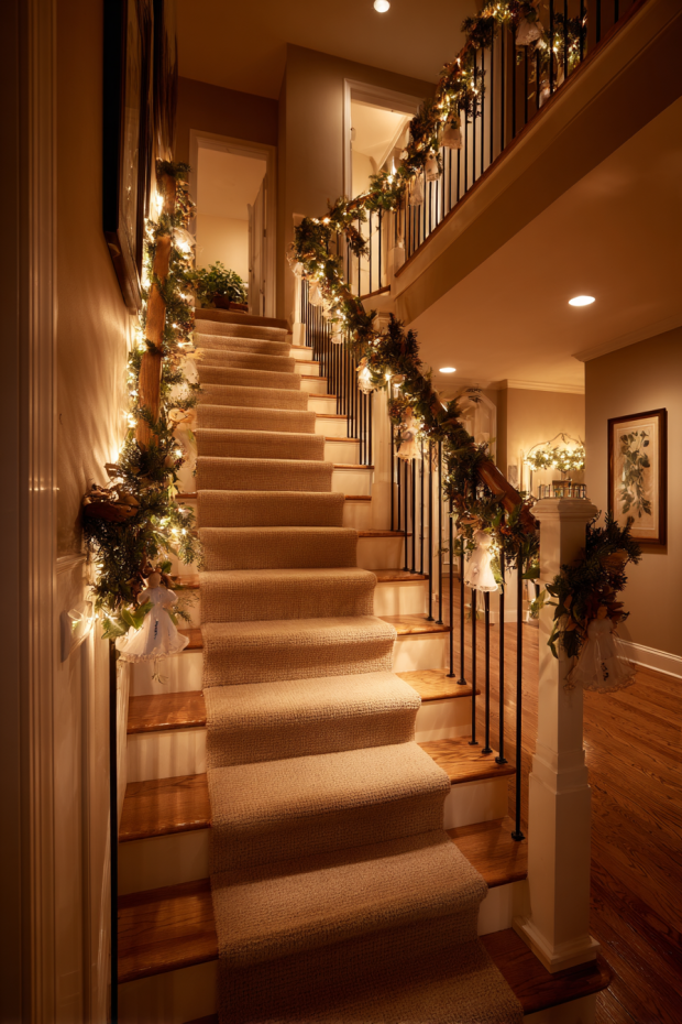 Hallway Staircase with Zip-Tied Garland and Paper Bag Angels